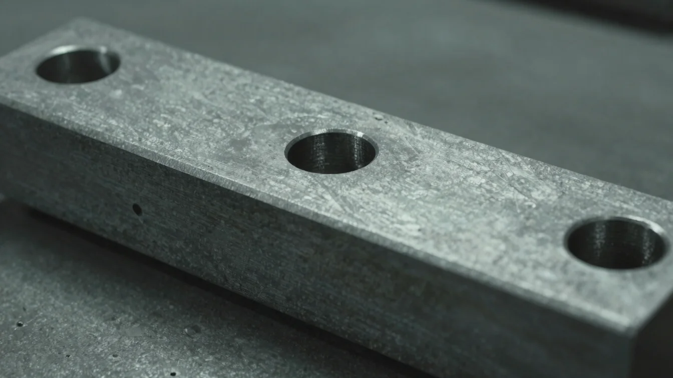 Close detail of a forged metal part with visible grain and surface texture under practical workshop light, cool steel to