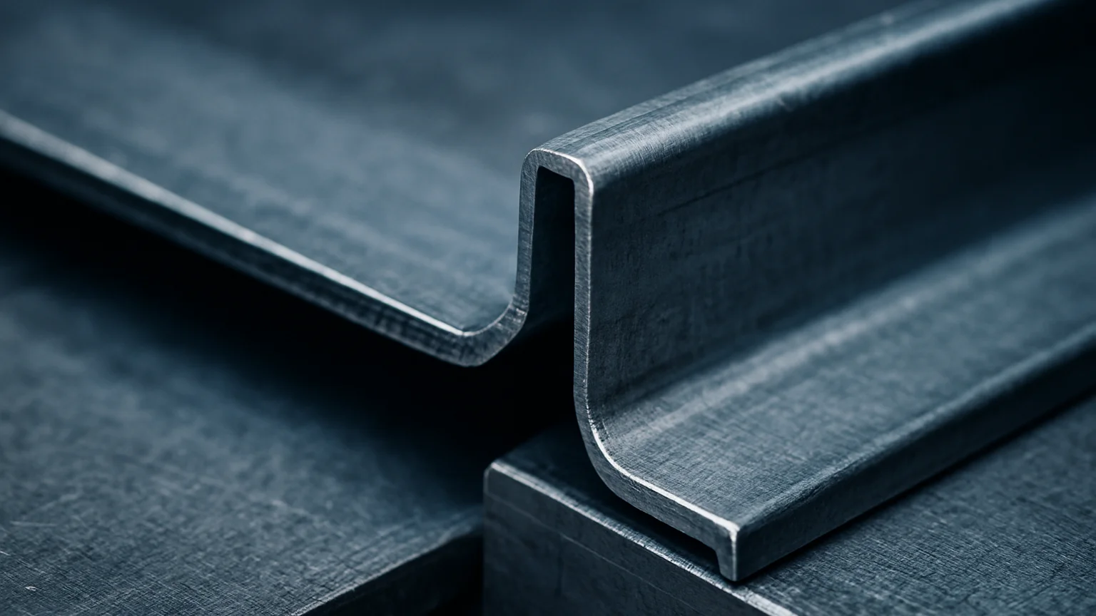 Close detail of a stamped metal sheet edge and die-formed profile, directional workshop light, cool steel tones, 35mm le