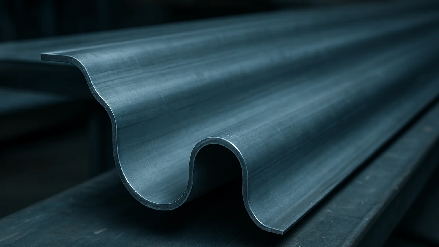 Close detail of a roll-formed metal profile with smooth continuous curve, directional workshop light, cool steel tones,