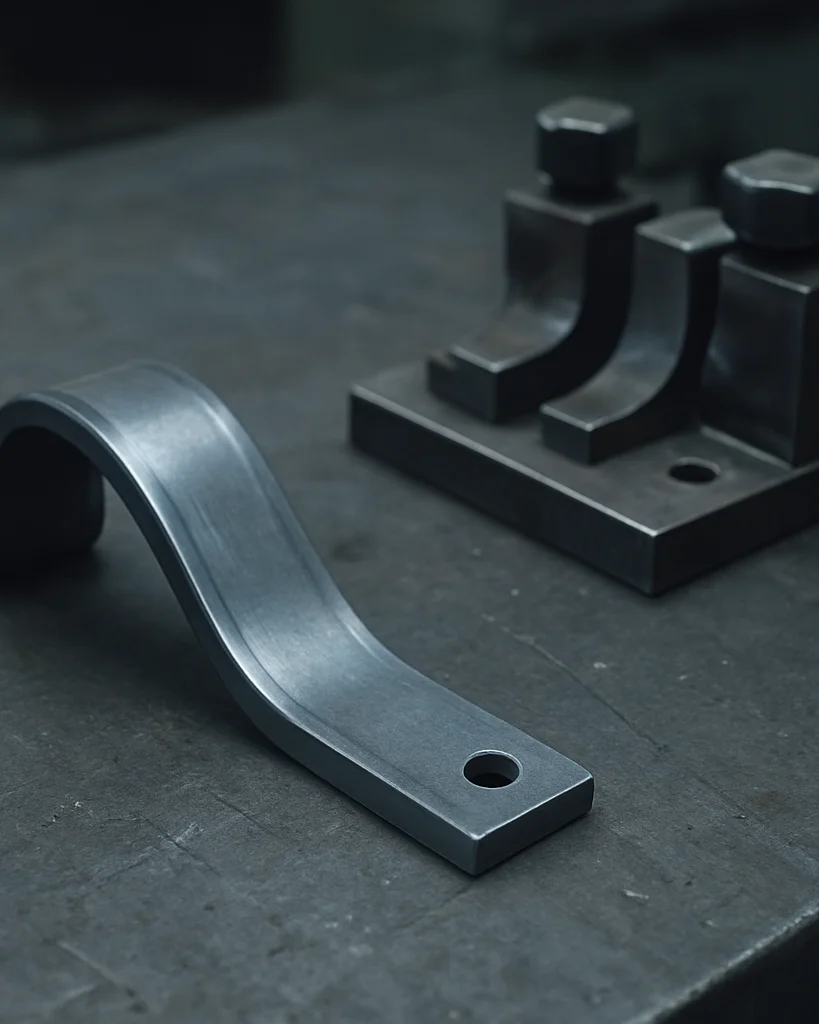 Close documentary detail of a formed steel component resting on a workbench beside forming tooling, directional practica