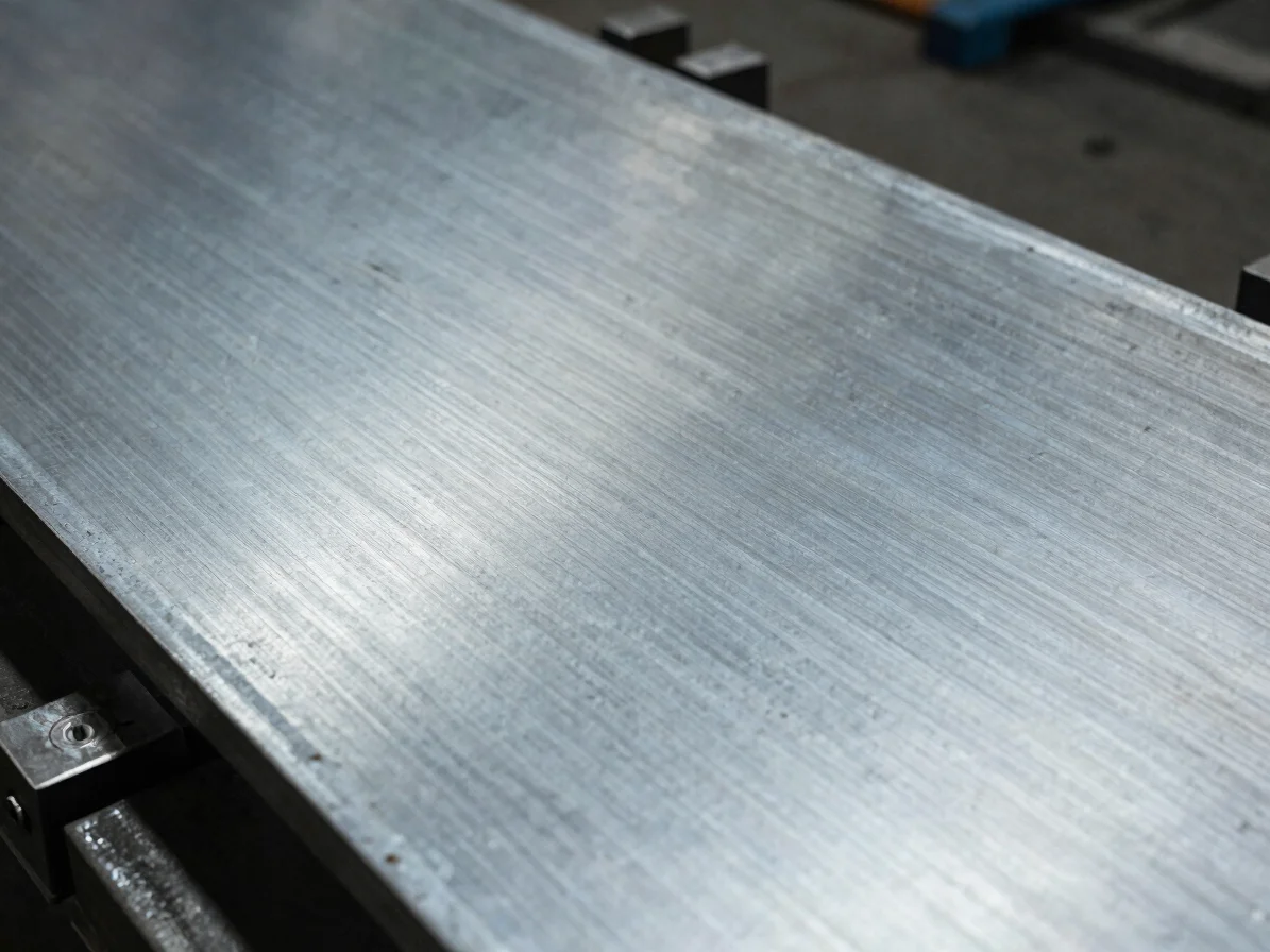 Close detail of a formed steel surface beside forming tooling in a workshop, directional practical light, cool steel ton