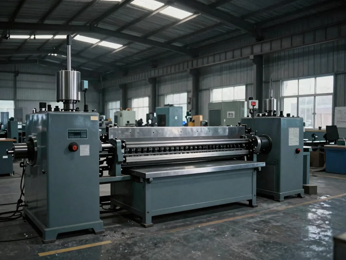 Wide environmental view of sheet metal processing equipment in a manufacturing workshop, directional workshop light, coo