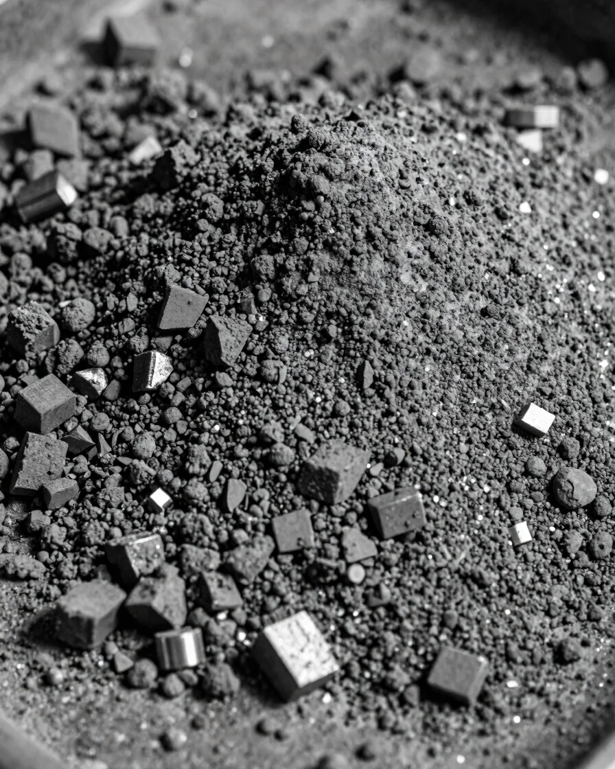 Macro detail of a compacted metal powder part with fine surface texture, directional workshop light, cool steel tones, r